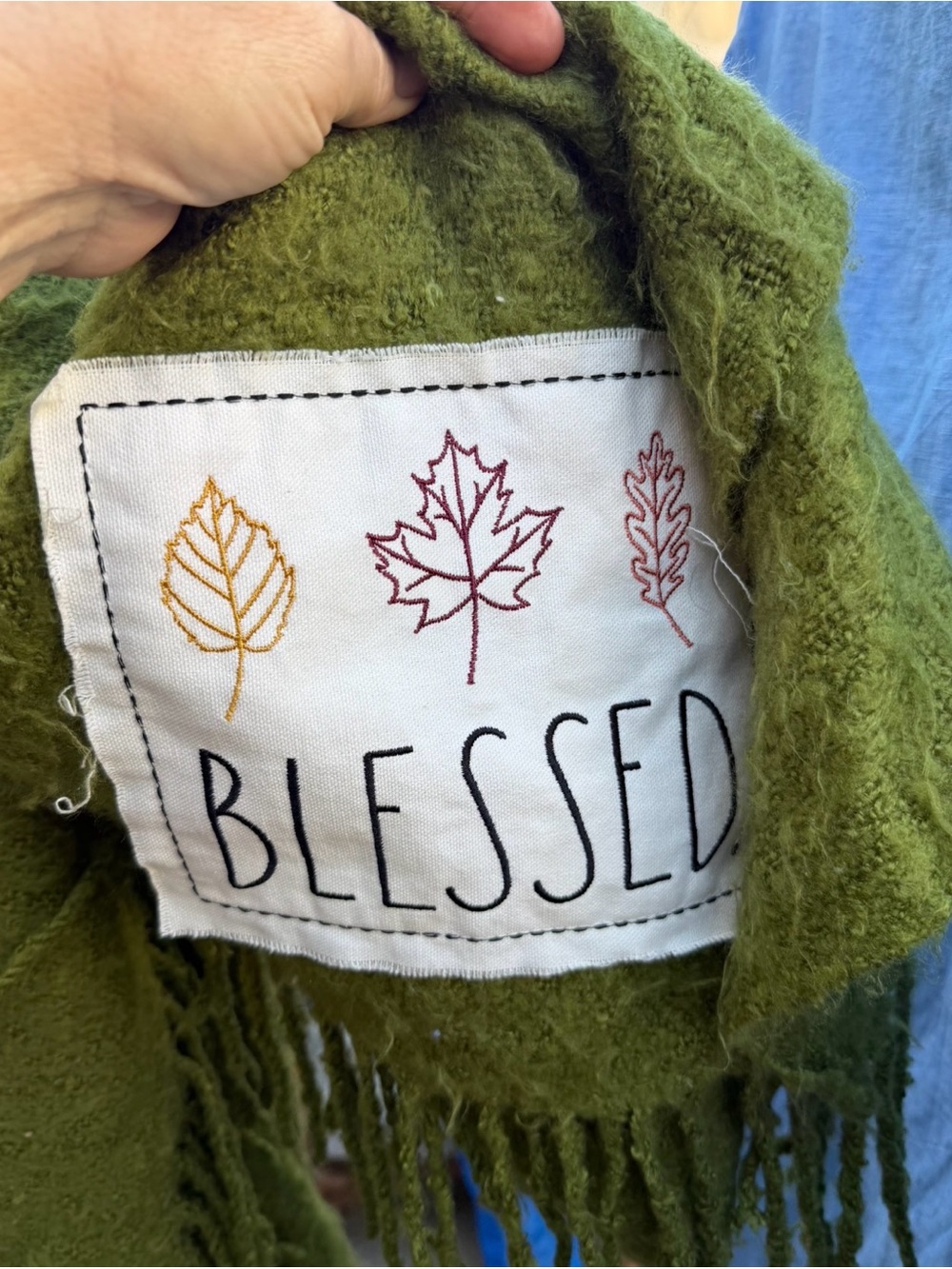 Rae Dunn Green "Blessed" Embroidered Leaf throw blanket